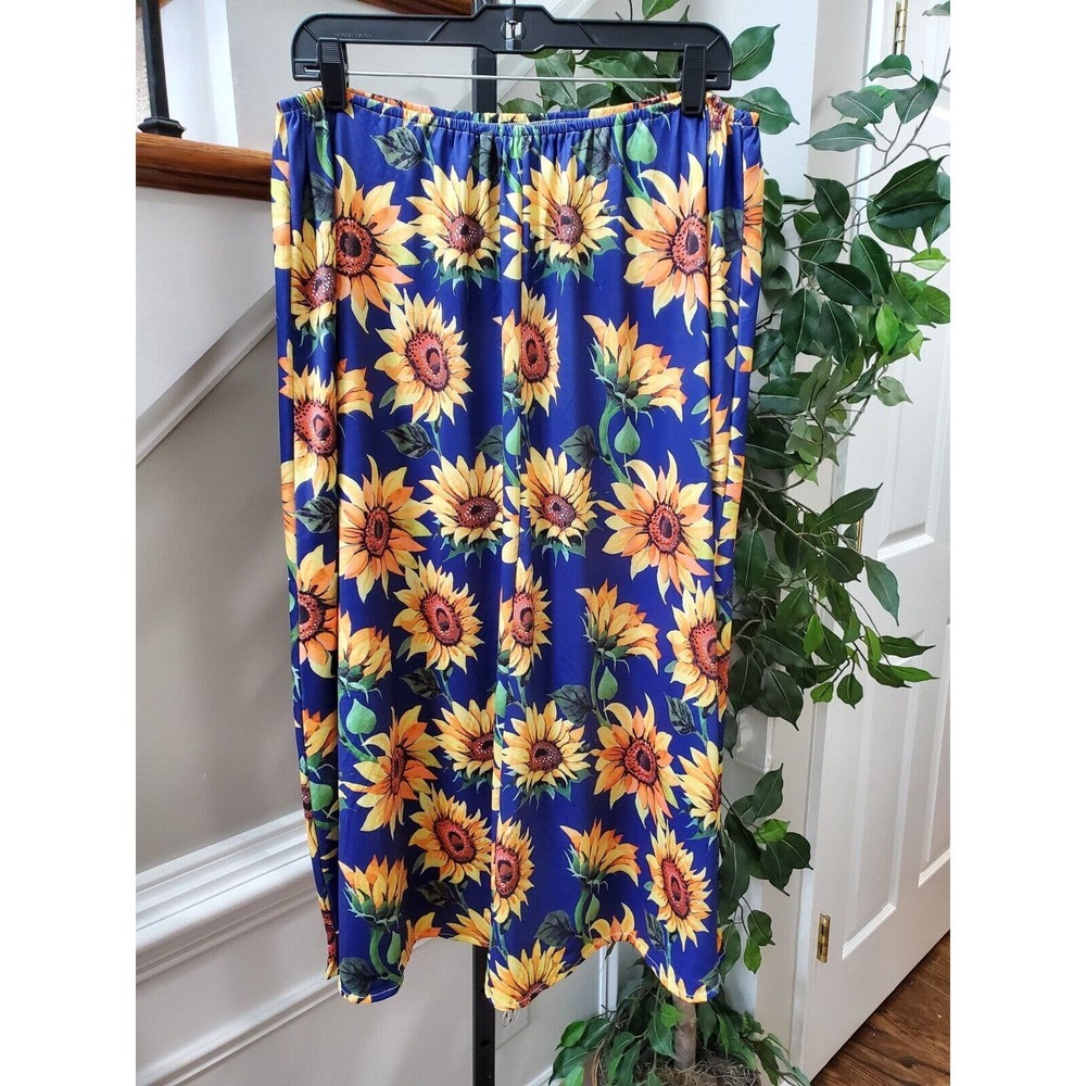SHEIN Women Blue Floral Sunflower A-Line Comfort Waist Knee Length Skirt Size 2X